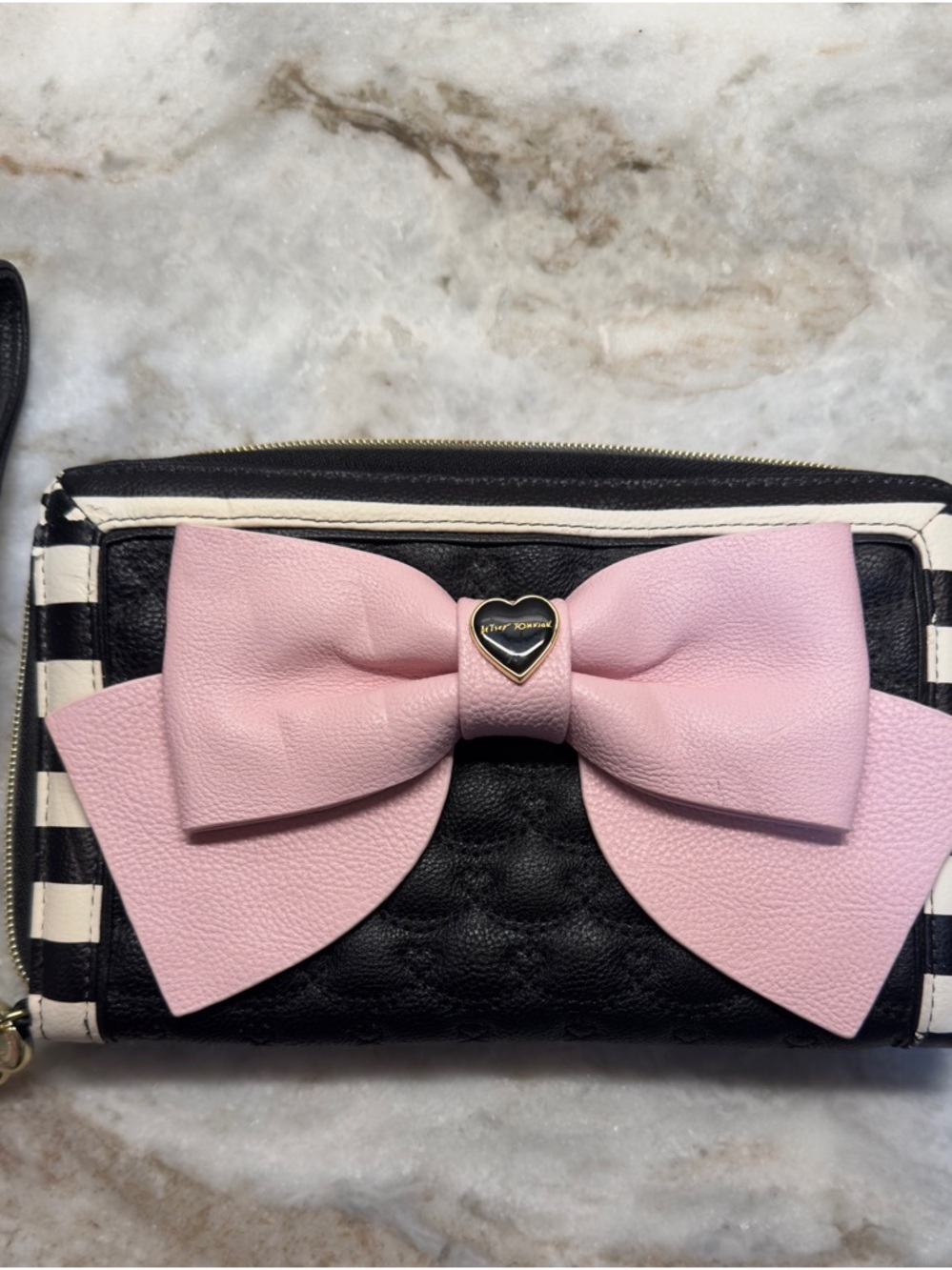 Betsey Johnson Striped Wristlet with Pink Bow